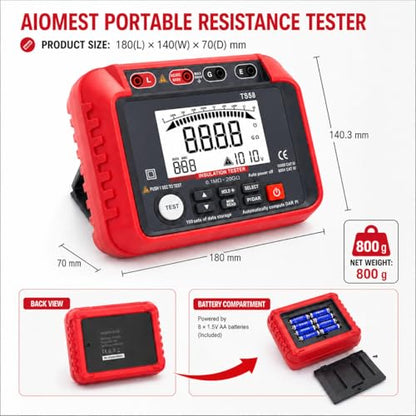 Megohmmeter 1000V Megaohm Meter 20GΩ Insulation Tester, AIOMEST Megohmeter - color: red