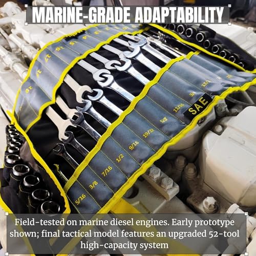 4-in-1 Wrench and Socket Tool Roll Bag – 52-Pocket Heavy Duty Organizer for SAE & Metric Sets (1/2" Dr. Sockets) – Mobile Mechanic and Fleet Maintenance Tool Wrap Pouch (Industrial Yellow) - color: Yellow