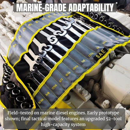 4-in-1 Wrench and Socket Tool Roll Bag – 52-Pocket Heavy Duty Organizer for SAE & Metric Sets (1/2" Dr. Sockets) – Mobile Mechanic and Fleet Maintenance Tool Wrap Pouch (Industrial Yellow) - color: Yellow