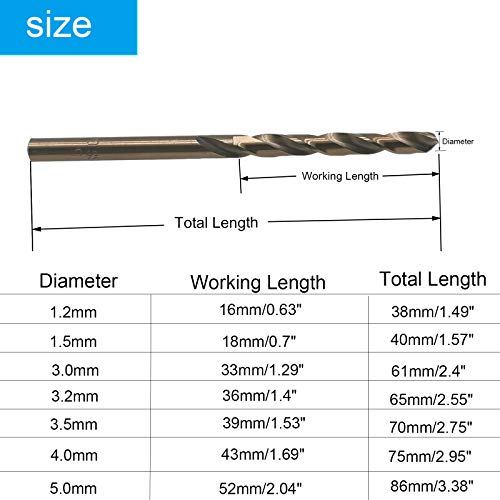 10 Pcs 1.2mm M35 Cobalt Drill Bits, Jobber bits for Steel & Metal - size: 1.2mm