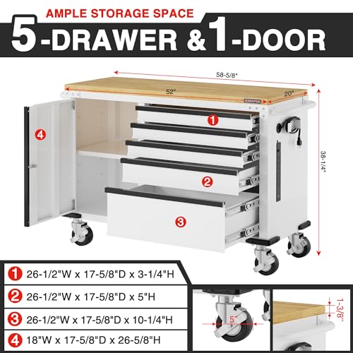 WORKPRO 52" x 20" Rolling Tool Chest, 5-Drawer & 1-Door - color: White, size: 52" x 20"(5-Drawer & 1-Door)