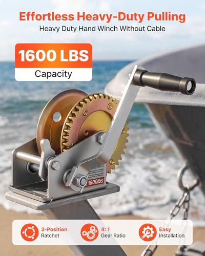 VEVOR Boat Winch, 1600 lbs Hand Winch, Heavy Duty Manual Rope Crank, Portable Two-Way Ratchet, 4: 1 Gear Ratio, Easy Installation Gear for Boat Trailer ATV Towing