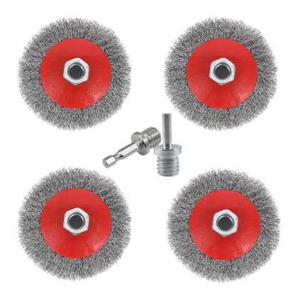 4 Pcs 4" Coarse Crimped Wire Wheel for 4-1/2" Angle Grinder, 0.014 Inch Carbon Steel Wire Brush for Rust, Corrosion, Paint Removal, Fits 5/8"-11 UNC Arbor(with 2 Pcs 1/4" Shank Drill Adapter) - style: 4" Coarse Crimped Wire Wheel