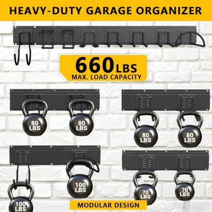 Garage Tool Organizer Wall Mount, 64inch Heavy-Duty Garage Storage System and Garden Tool Organizer with 8 Adjustable Hooks for Shovel, Snowboard, Yard Tools and Shed - size: 64"-8hooks