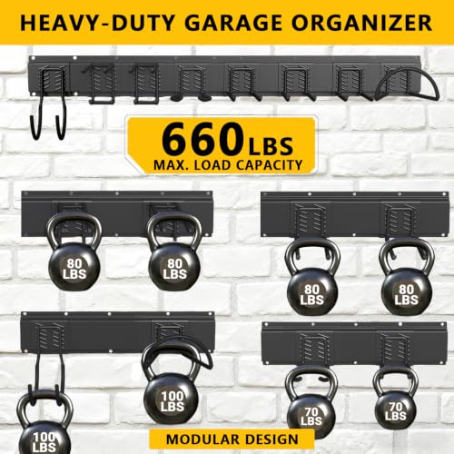 Garage Tool Organizer Wall Mount, 64inch Heavy-Duty Garage Storage System and Garden Tool Organizer with 8 Adjustable Hooks for Shovel, Snowboard, Yard Tools and Shed - size: 64"-8hooks
