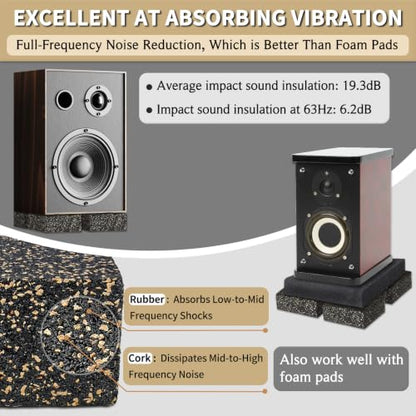 BXI Thick Subwoofer Isolation Pad, 6 X 6 X 2 Inch 2 Pcs Cuttable Full Frequency Dampening Blocks, Non Slip Heavy Duty Speakers Mat Riser, Rubber Cork Anti Vibration Feet for Studio Monitor Turntables