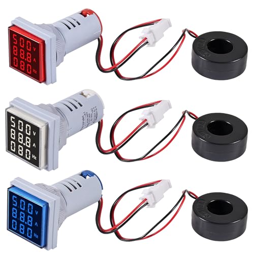 3PCS Square LED Digital Voltmeter Ammeter Hertz Meter AC20-500V Signal Lights Voltage Current Frequency Combo Meter Indicator Tester with CT（White+Blue+Red） - color: White+Blue+Red