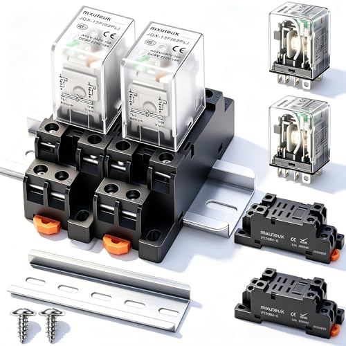 mxuteuk 2pcs JQX-13FL DC 12V Coil 8 Pin 10A DPDT LED Indicator Electromagnetic Power Relay, with Base, with DIN Rail Slotted Aluminum - color: Black-8Pin-10A&Base, size: DC 12V