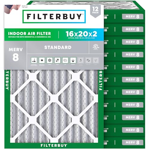 Filterbuy 16x20x2 Air Filter MERV 8 Dust & Allergy Defense (12-Pack) - size: 16x20x2