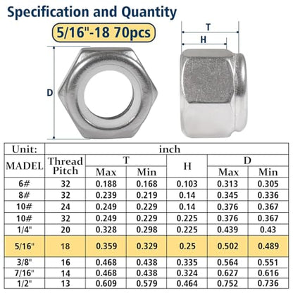 5/16-18 Lock Nut, 70Pcs Stainless Steel Nylock Insert Locking Nuts - size: 5/16"-18, 70 Pack