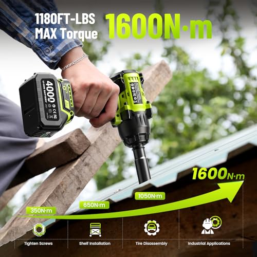 Robustrue 1600N.m (1180ft-lbs) Cordless Impact Wrench, 1/2 High Torque Brushless Impact Gun, 2400RPM Power, 2 x 4.0Ah Batteries, Fast Charger, Impact Wrench for Heavy Duty Truck RV Mower
