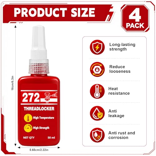 4 Pack 272 Red Thread Locker, High Strength Anaerobic Threadlocker Permanent Locking Seal Metal Glue for Nuts Bolts Fasteners, 50 ml Bottle