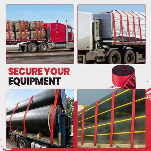 Red Winch Straps 4" x 30 FT - Heavy Duty Flat Hook Tie Downs with 18000lb Break Strength, 6000lb Safe Working Load for Recovery, Flatbed Trailers, Trucks & Farm Use - color: Red