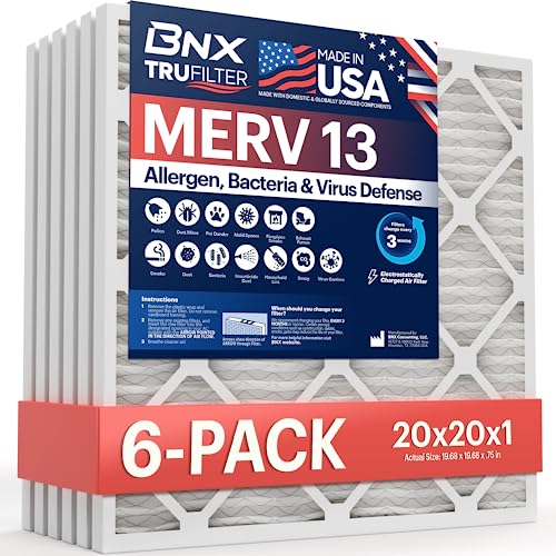 BNX TruFilter 20x20x1 Air Filter MERV 13 AC Filter, HVAC Furnace Filter, 6 Pack (ACTUAL SIZE 19.69"x19.69"x0.75") Allergies, Dust, Pet Dander & Smoke - MADE IN USA - MPR1500 / FPR 10 - size: 20x20x1 6-Pack