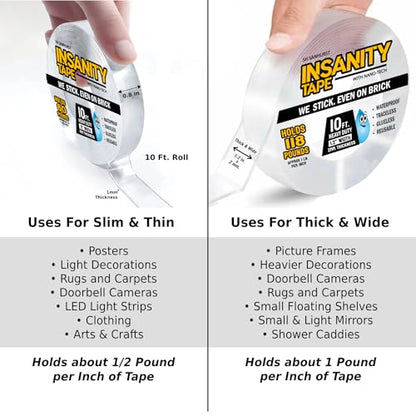 Insanity Thin Double Sided Tape Heavy Duty, Removable Nano Mounting Tape Safe for Walls & Floors, Traceless Adhesive Strip, Weatherproof, Strong Hold for Hanging Pictures, Posters & Doorbell Cameras - size: Slim & Thin: 0.8 in. x 120 in. x 0.04 in.