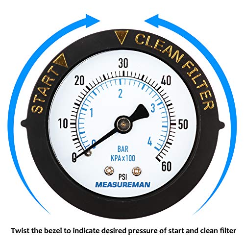 MEASUREMAN 2" Dry & Utility Pressure Gauge - 0-60Psi/bar, Start & Clean Filter, 1/4" NPT Center Back Mount - size: 2 inches