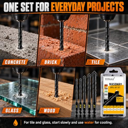 10Pcs Masonry Drill Bit Set, Concrete Drill Bit, 6 Size 5/32"-1/2" - size: 10 pcs 5/32"-1/2" Masonry Drill Bit Set