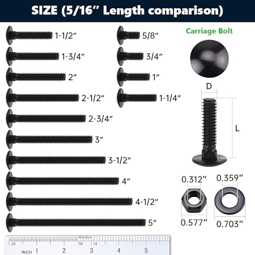 10 Sets 5/16-18 x 2-1/2" Carriage Bolts and Nuts & Flat Washers, 304 Stainless Steel 18-8, Black Coated, Heavy Duty Bolts for Home & Machinery Assembly & Repair, Automobile, by RoyceMart - size: 5/16-18 x 2-1/2"