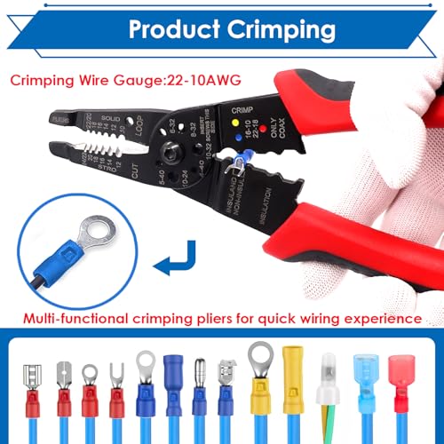 smseace Red Wire Crimping tool Wire crimper,stripper and cutter for insulated/Bare/Heat Shrink connectors(22-10 AWG) Multifunctional Cable Stripper and Crimping tool - color: Red&black