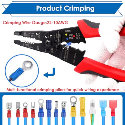 smseace Red Wire Crimping tool Wire crimper,stripper and cutter for insulated/Bare/Heat Shrink connectors(22-10 AWG) Multifunctional Cable Stripper and Crimping tool - color: Red&black