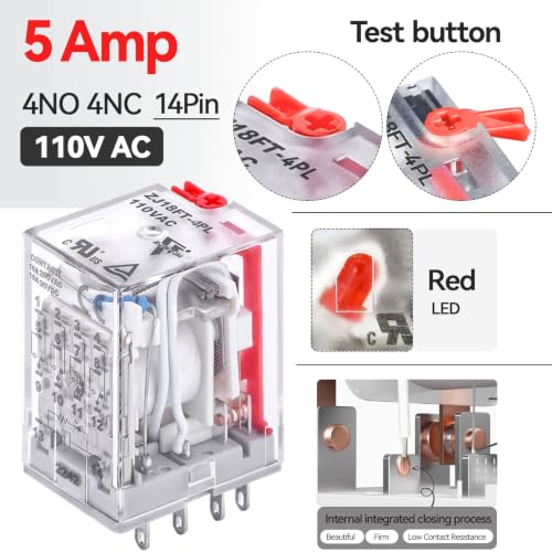UL Listed 6Pcs 110V Electromagnetic Relay 110V-120V AC Coil 14 Pin 5Amp 4PDT 4-Ways 4NO 4NC with RED Light Module, Test Button, DIN Rail - size: AC 110V, style: 14Pin-5A-6Pcs
