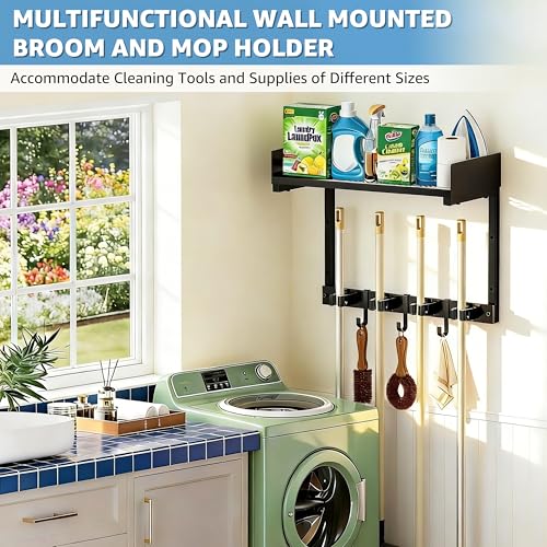 HUFAND 15" Wall Mounted Broom Holder and Mop Organizer with Shelf and Hook - color: Black, size: Small