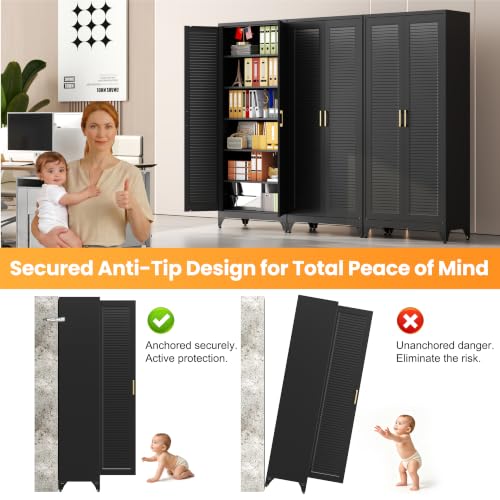 75" Metal Pantry Cabinet,Kitchen Storage Cabinet with Shelves - color: Black, size: 75"H-Louvered
