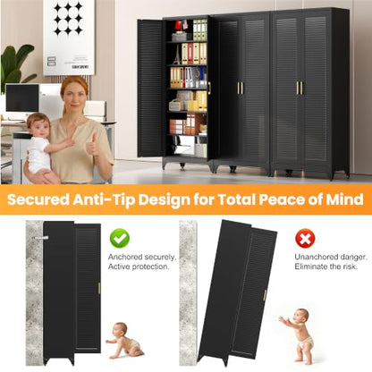 75" Metal Pantry Cabinet,Kitchen Storage Cabinet with Shelves - color: Black, size: 75"H-Louvered