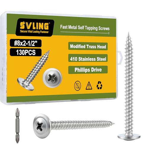 #8×2-1/2" Wood Screws Phillips Modified Truss Head Quick Metal,130Pcs Self Tapping Screws Stainless Steel 410,with Drive Bit - color: Silver Self Tapping, size: 8x2-1/2"