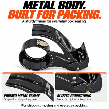 Metal Packing Tape Dispenser Gun, Metal Tape Gun Fits Packaging Tape with Dispenser up to 2 Inches, Adjustable Brake Tape Gun Handheld Sealing Cutter for Warehouse Tools Black