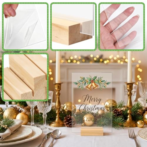 Bercoor 10 Pack 4x6 Inch Blank Clear Acrylic Sign with Wooden Stands, Rectangle Top Acrylic Sheet, DIY Acrylic Rectangle Table Numbers for DIY Name Card Gifts Event Party Sign Decoration - size: 4x6 rectangle