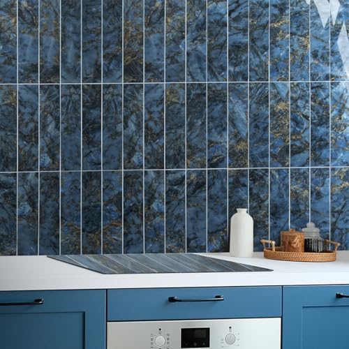 AULIGET 40-Piece Polished Blue Marble Peel and Stick Backsplash Wall Tiles, 3" x 12" PVC Faux Stone Stick on Tiles for Backsplash Kitchen, Bathroom, Laundry Room, Camper, Fireplace - color: Polished Blue Marble, size: 40 Pieces, 3"x12"x0.12"