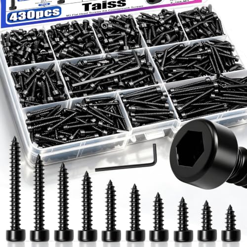 Taiss 430PCS M3 Self Tapping Screws,Hex Socket Cap Head Carbon Steel Wood Screws Assortment Kit,10 Sizes(6mm to 30mm) Black M3 Hex Drive Head Cap Self Drilling Screw with Hex Wrenches - size: 430PCS
