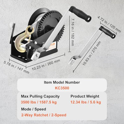 VEVOR Hand Winch, 3500 lbs Pulling Capacity, Boat Trailer Winch Heavy Duty Rope Crank with 33 ft Steel Wire Cable and Two-Way Ratchet, Manual Operated Hand Crank Winch for Trailer, Boat or ATV Towing - style: 3500lbs