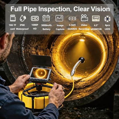 Sewer & Drain Camera 100FT, 4.3" HD Plumbing Inspection Camera 1080P IP68