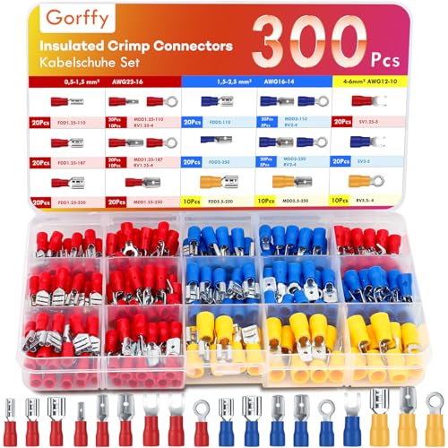 300PCS Wire Connectors Kit, Male and Female Spade Connectors, 17 Types Electrical Connector Kit 0.5-6.0mm², Insulated Terminal Connector, Includes Spade Ring Fork Wire Terminal - size: 300PCS