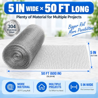 Wire Mesh 5" x 50FT, 304 Stainless Steel Mesh - size: 5" x 50 FT
