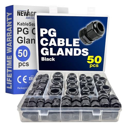 New Age America® 50pcs PG Cable Glands Kit KableLock™ | PG7 - PG19 | Black | Nylon Cord Grip Strain Relief | Adjustable Locknut Cable Connectors | IP68 Waterproof | PG7, PG9, PG11, PG13.5, PG16, PG19 - size: 50 PCS | PG7 - PG19