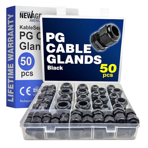 New Age America® 50pcs PG Cable Glands Kit KableLock™ | PG7 - PG19 | Black | Nylon Cord Grip Strain Relief | Adjustable Locknut Cable Connectors | IP68 Waterproof | PG7, PG9, PG11, PG13.5, PG16, PG19 - size: 50 PCS | PG7 - PG19