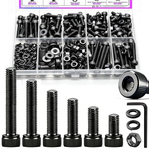 Taiss 380PCS M4 Screw Kit M4x6/8/12/16/20/30mm 6 Size Hex Socket Head Cap Screws,M4 Bolts and Nuts & Washers Assortment with Hex Wrench 12.9 Grade Alloy Steel Black Zinc Plated Small Metric Screws - color: BK 380PCS M4 Kit