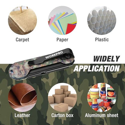 WORKPRO EDC Folding Utility Knife, Mini Box Cutter with Quick Open Axis Lock, Quick Change Blade Razor Knife, Foldable Small Pocket Knife with Belt Clip, 1 Pack with 10 Extra Blades - color: Camo