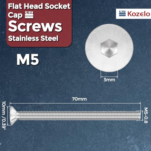 12Pcs[M5-0.8x70] Flat Head Socket Cap Screw Countersunk Bolt - color: Silver, size: M5-0.8 x 70mm