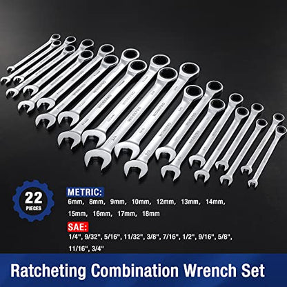 WORKPRO 22 PCS Ratchet Combination Wrench Set with Tool Box, Mirror Polish - style: Regular & Polished
