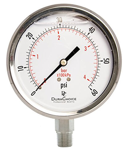 4" SS Oil Filled Pressure Gauge, 3/8" NPT Lower Mount, 60 PSI - size: [0-60 PSI]
