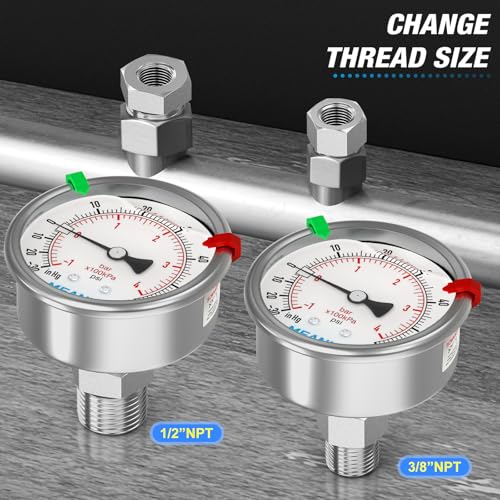 MEANLIN MEASURE -30inHG~60Psi Vacuum Pressure Gauge 316 Stainless Steel Joint 1/4"NPT 2.5"FACE DIAL, Liquid Filled Pressure Gauge WOG Water Oil Air Back Mount with Stainless Steel Hex Bushing, Snaps - size: -30inHG-60Psi, style: Back Mount
