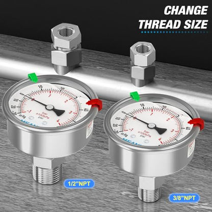 MEANLIN MEASURE -30inHG~60Psi Vacuum Pressure Gauge 316 Stainless Steel Joint 1/4"NPT 2.5"FACE DIAL, Liquid Filled Pressure Gauge WOG Water Oil Air Back Mount with Stainless Steel Hex Bushing, Snaps - size: -30inHG-60Psi, style: Back Mount