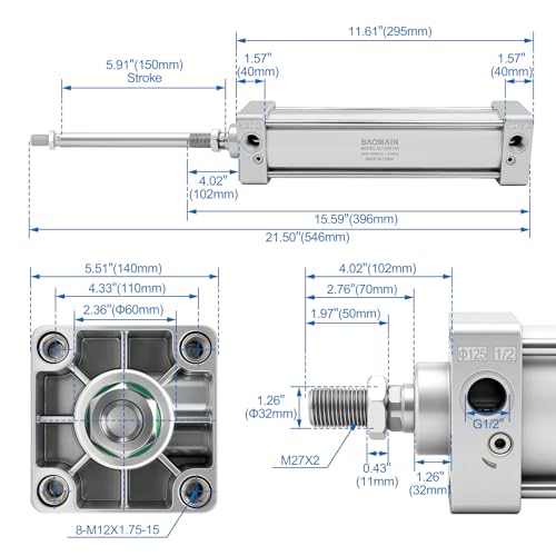BAOMAIN Pneumatic Air Cylinder 5" Bore 6" Stroke SC125x150 - size: Stroke 5.9 inch(150mm)