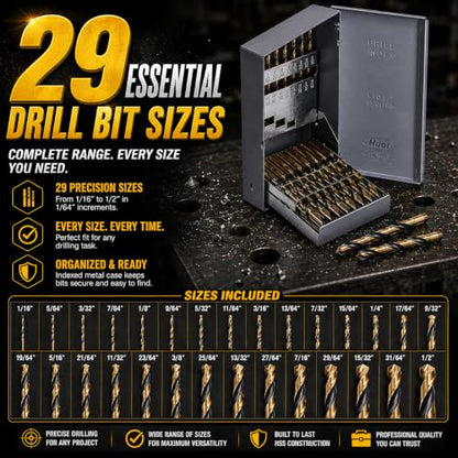 Stark USA 29-Piece HSS Drill Bit Set, Black & Gold High Speed Steel Drill Bits 135° Split Point, Twist Drill Bit, 1/16"–1/2", for Stainless Steel, Cast Iron, Metal, Wood & Plastic, Storage Case - size: 29 PCS Set Industrial