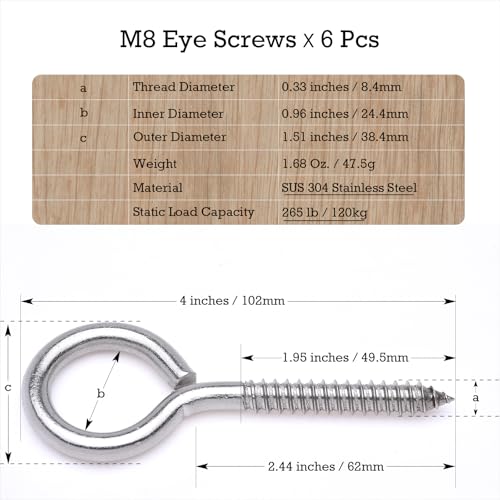 6 pcs 1/3" x 4" Screw Eye Hooks, 304 Stainless Steel Heavy Duty Bolts, M8 - size: M8-4'', 6Pcs