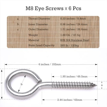 6 pcs 1/3" x 4" Screw Eye Hooks, 304 Stainless Steel Heavy Duty Bolts, M8 - size: M8-4'', 6Pcs